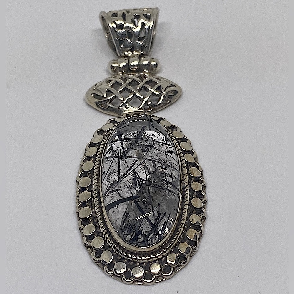 Black Rutile Rutilated Quartz and Herkimer Diamond 925 Sterling Silver Pendant
